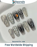 Handmade Silver Gothic Press on Nails - Metallic Black & Clear Y2K Design.