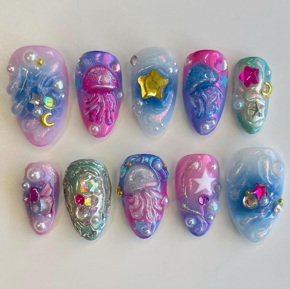 Handmade Jellyfish Star Moon Pastel Ocean Fantasy Press on Nails D63