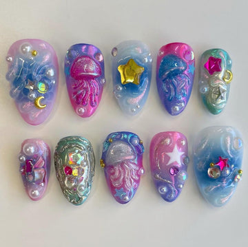 Handmade Jellyfish Star Moon Pastel Ocean Fantasy Press on Nails D63