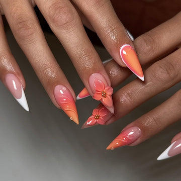 Handmade Orange Floral Sunset Nail Art with Gold Bead Accent Press on Nails T06