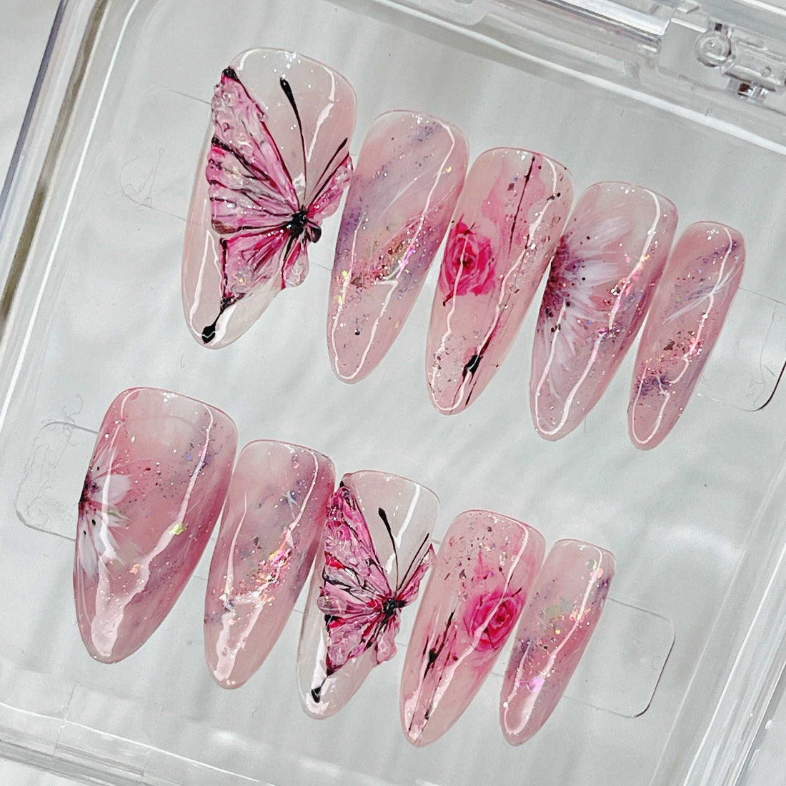 Pink Butterfly Handmade Press on Nails - Water Color Flowers Design.