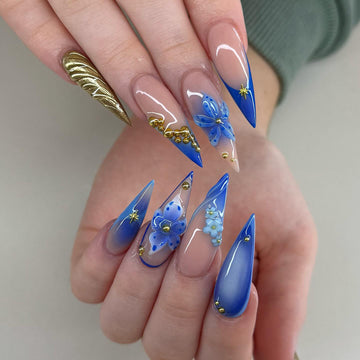 Handmade Blue Floral Gold Accent Elegant Press on Nails E12