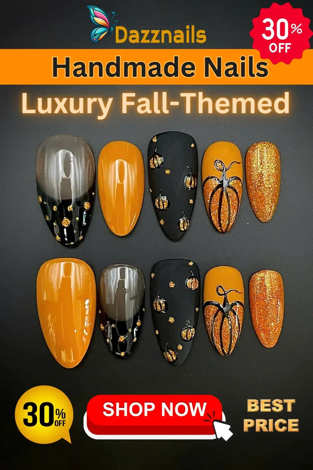 Handmade Luxury Pumpkin Fall Autumn Press-on Nails - Reusable Fingernails