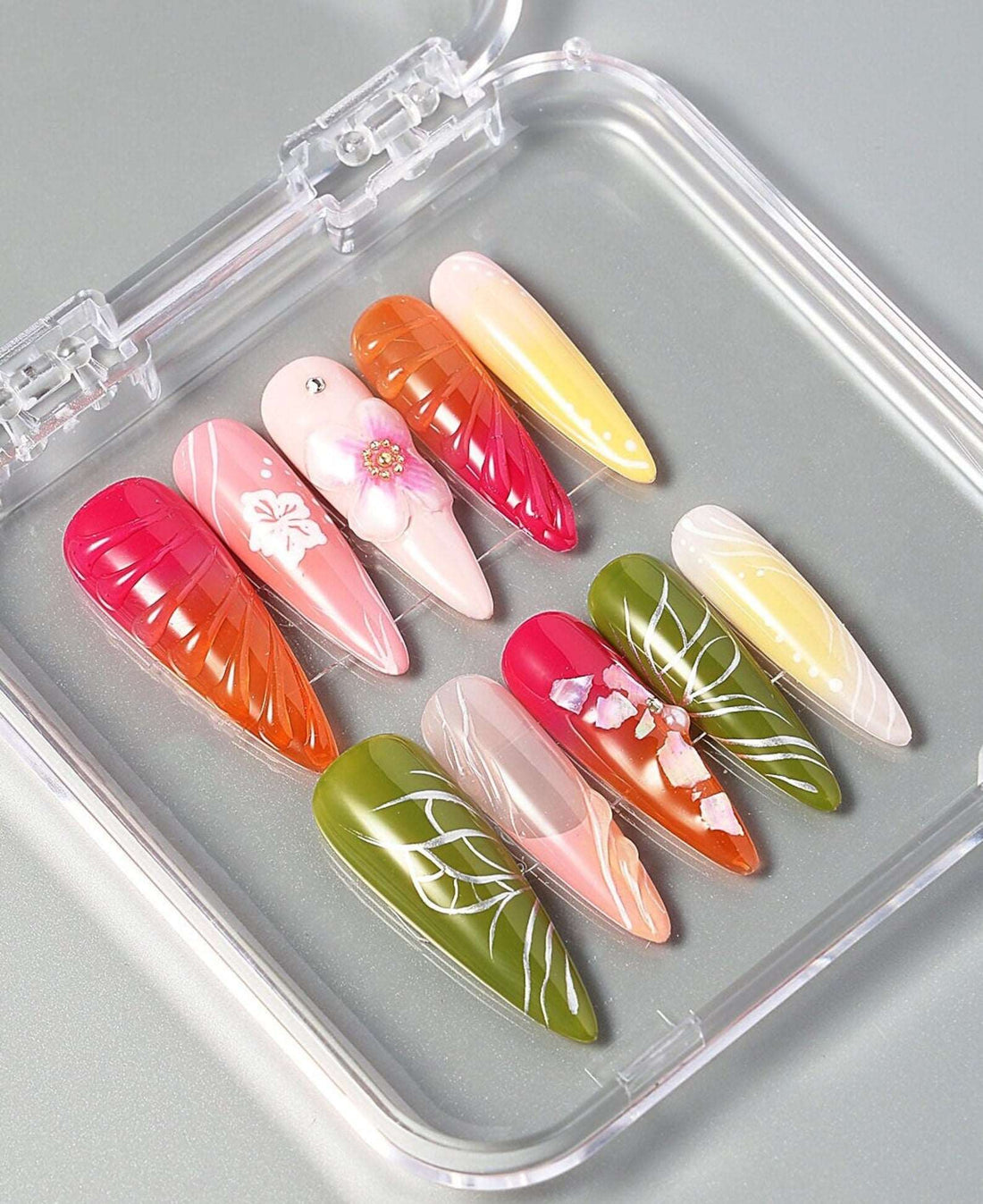 Handmade 3D Colorful Flowers Press on Nails - Spring Summer Nails Design