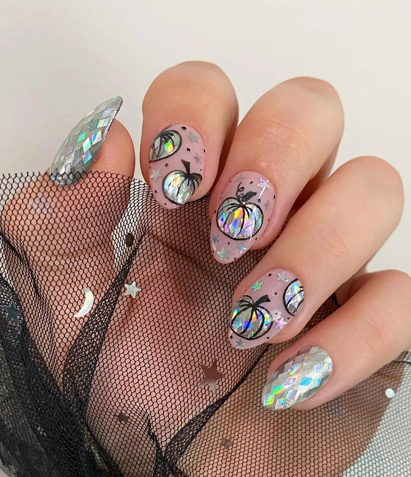 Handmade Pumpkin Star Glitter Holographic Fall Autumn Press on Nails A61