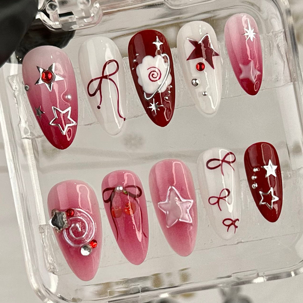 Y2K Kawaii Cute Custom Press on Nails -  White & Red Ombre Bow Design