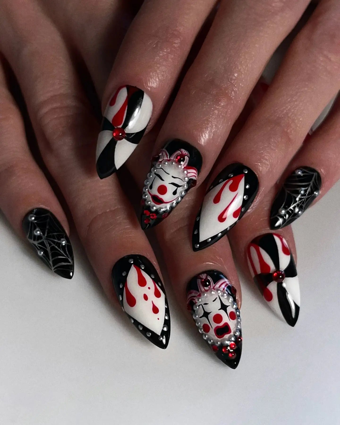 Handmade Spooky Clown Drip Spiderweb Red Black Halloween Press on Nails W07