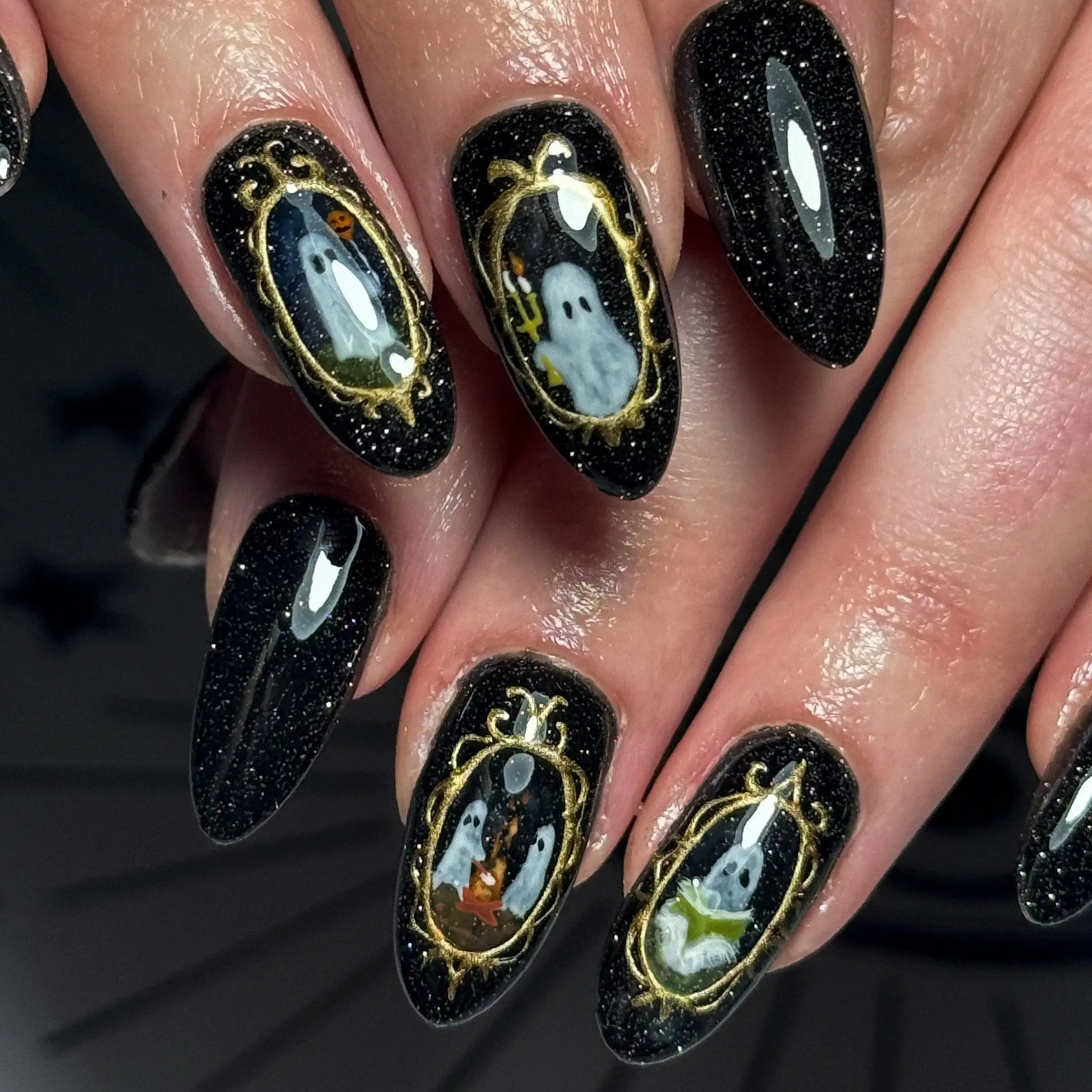 Handmade Haunted Portrait Ghost Gold Frame Black Halloween Press on Nails B62