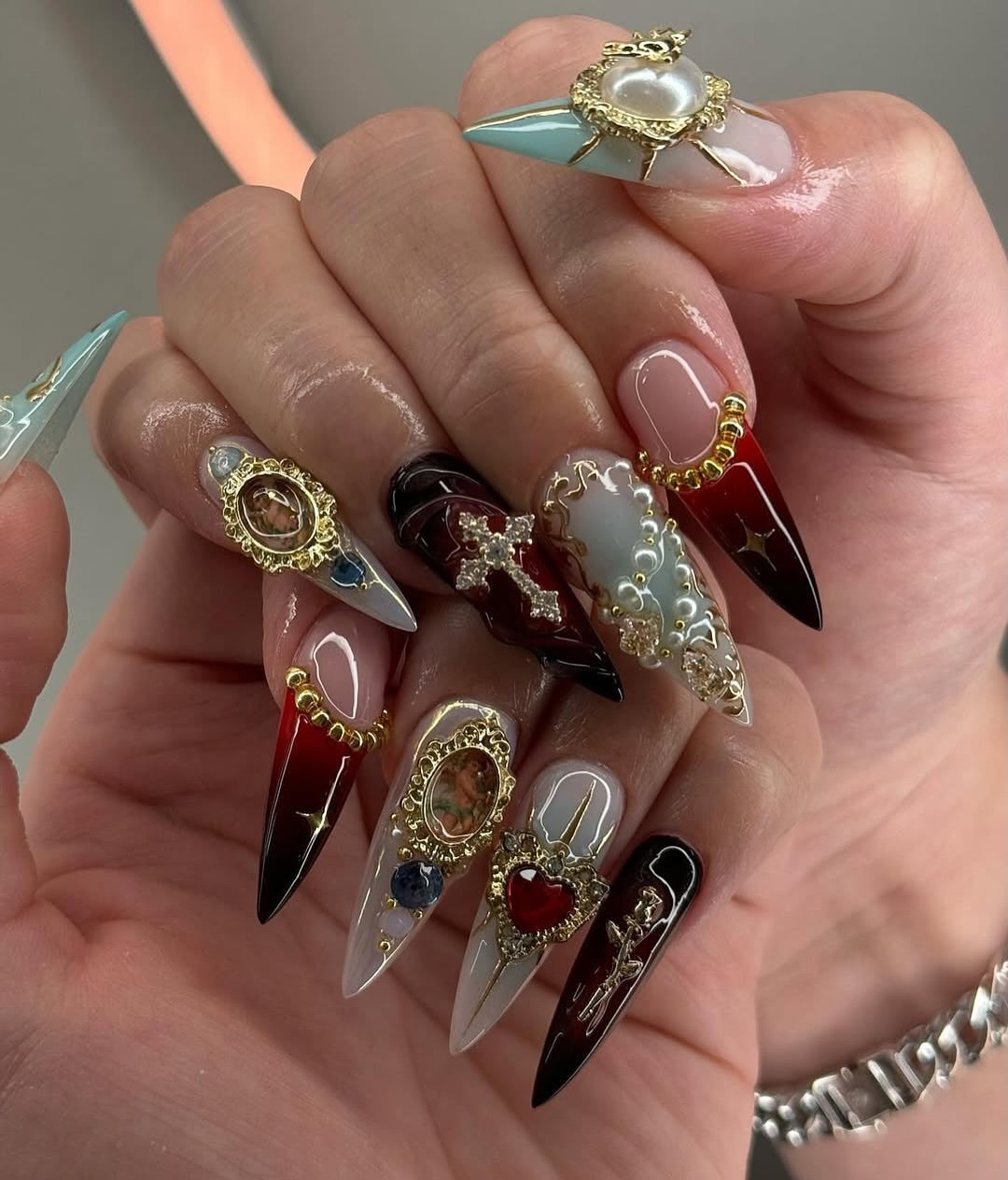Handmade Gothic Heart Cross Charm Red Gold Art Press on Nails B15