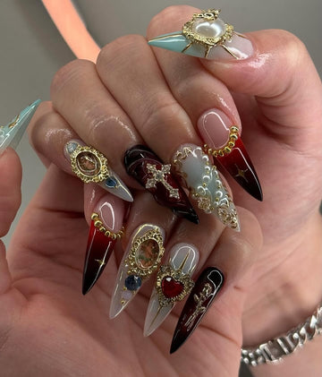Handmade Gothic Heart Cross Charm Red Gold Art Press on Nails B15