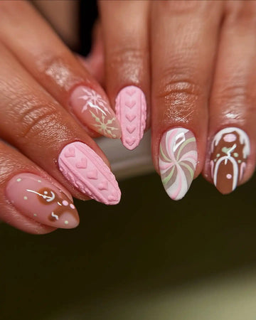Handmade Christmas Sweater Gingerbread Swirl Pink Press on Nails K16