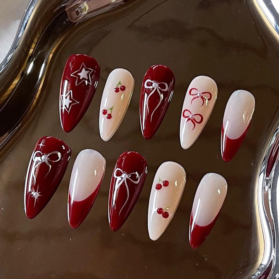 Cherry Bow French Press on Nails - Red & White Almond Design