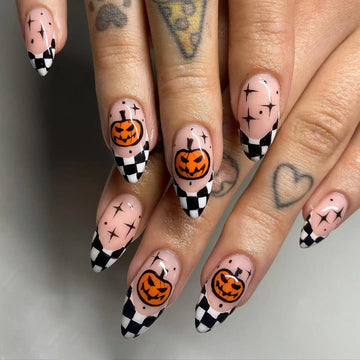 Handmade Spooky Pumpkin Checkerboard Black White Halloween Press on Nails M48