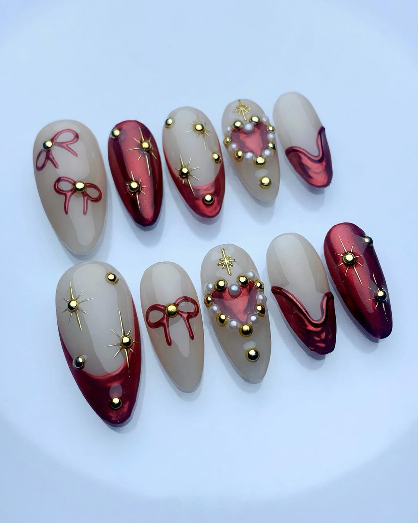 Handmade Red Heart Bow Nail Art with Star Pearl Accent Press on Nails P97