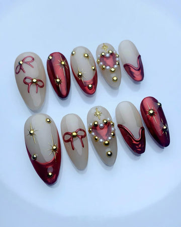 Handmade Red Heart Bow Nail Art with Star Pearl Accent Press on Nails P97