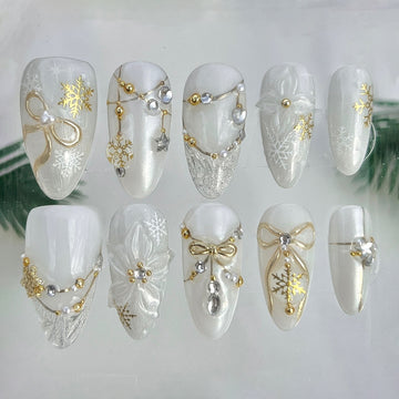 Handmade Christmas Snowflake Gold Pearl Rhinestone Press on Nails M74