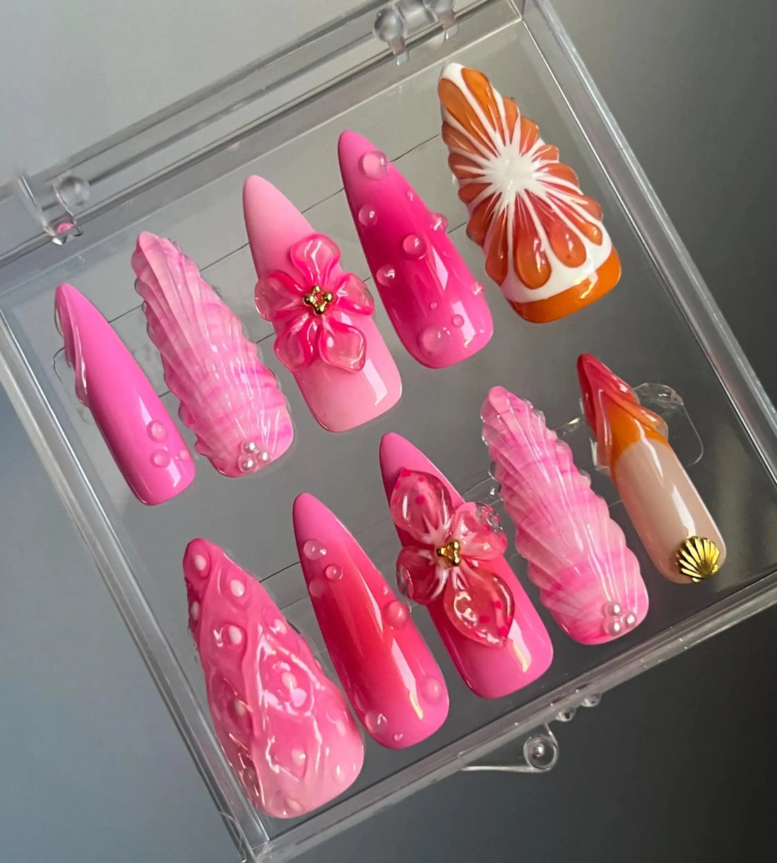 Handmade Pink Orange 3D Flower Seashell Fruit Summer Press on Nails R35