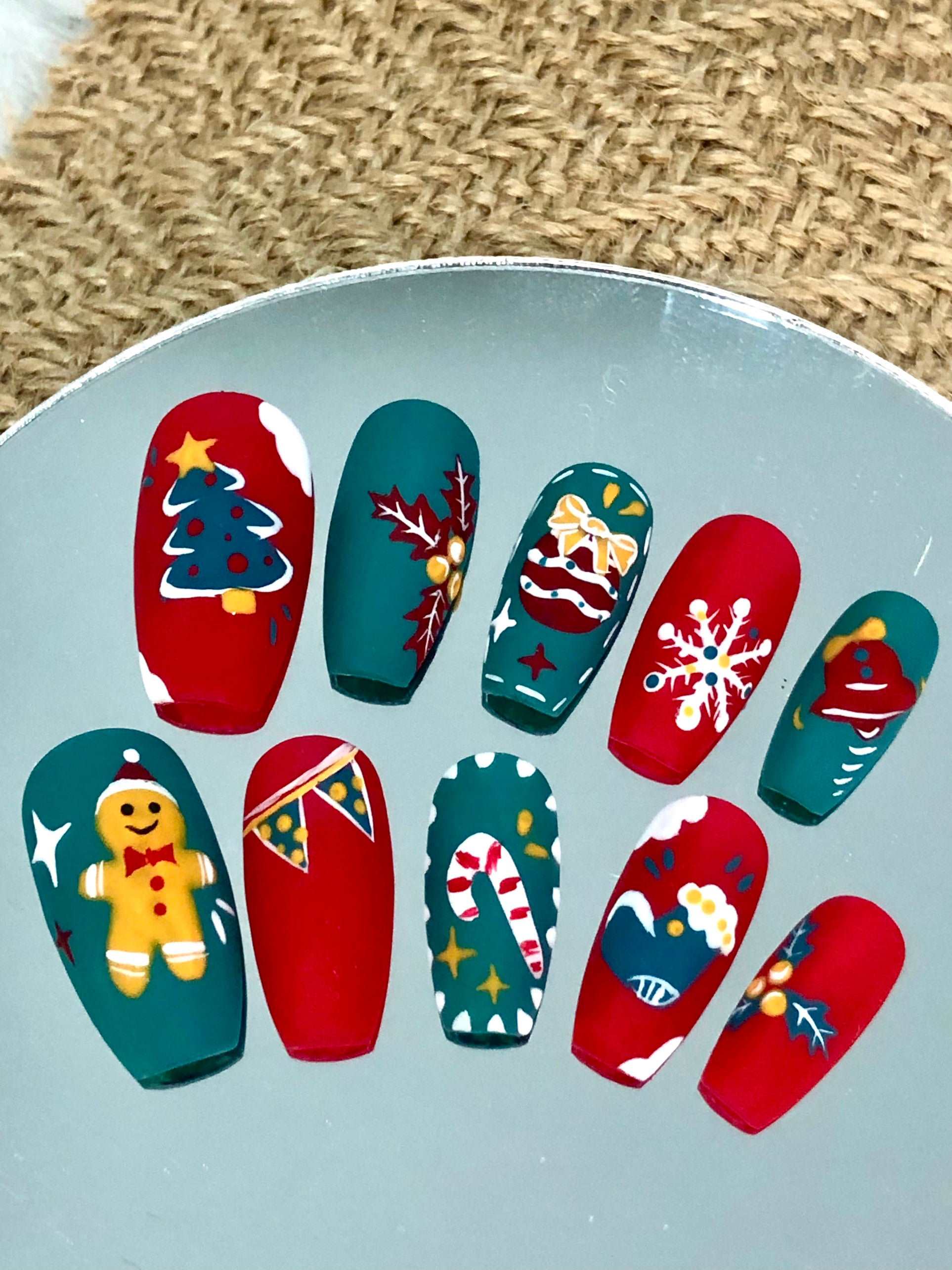 Handmade Christmas Press On Nails - Candy Cane GingerMan Red & Green Design.