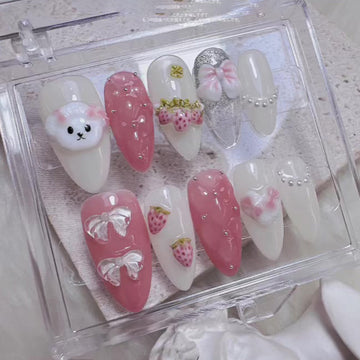 Kawaii Cute Bear & Strawberry Custom Press on Nails - Pink & White Design