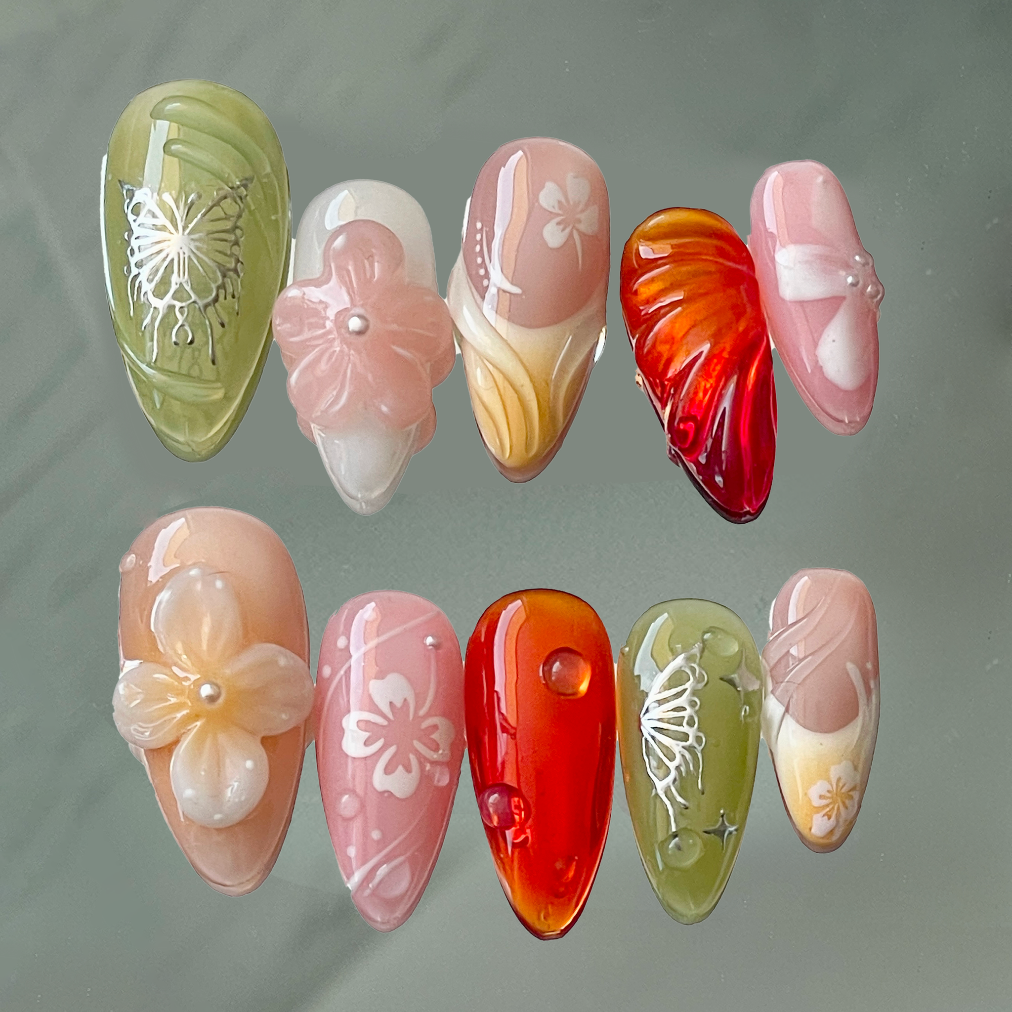 Handmade Elegant Floral Butterfly Design Colorful Vibrant Finish Press on Nails M04