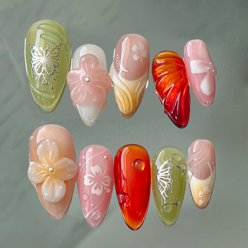 Handmade Elegant Floral Butterfly Design Colorful Vibrant Finish Press on Nails M04