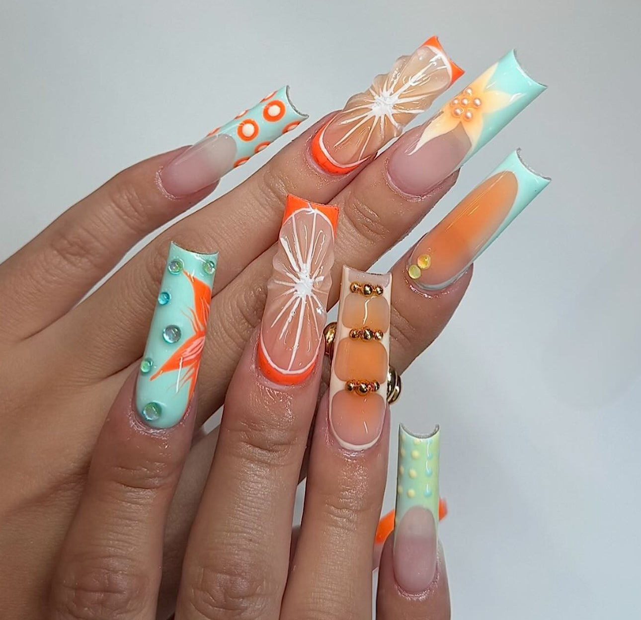 Handmade Summer Fruit 3D Orange Blue Playful Unique Press on Nails C51
