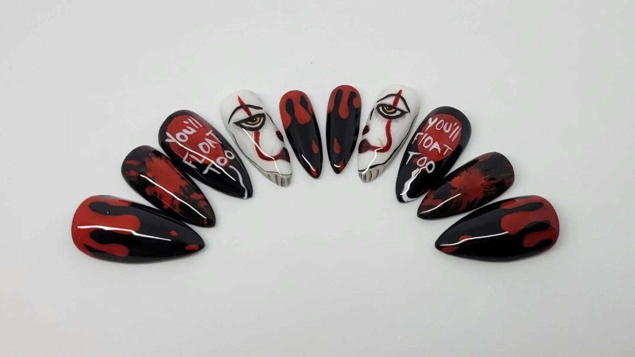 Handmade Spooky Clown Blood Red White Halloween Press on Nails R37