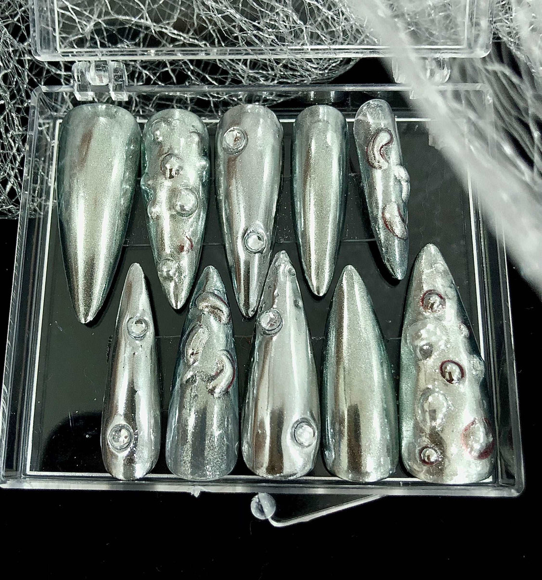 Handmade Silver Press On Nails - Free Style Goth Long Metallic Design.