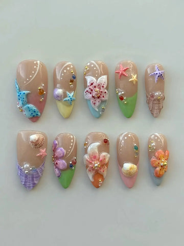 Floral Seashell French 3D Press on Nails - Summer Colorful Handmade Fake Nails