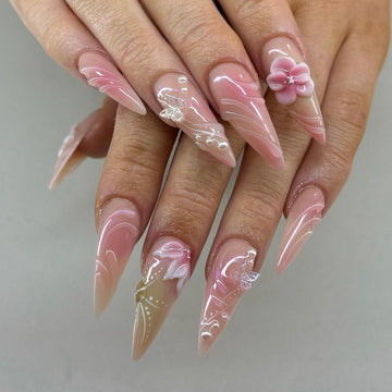 Handmade Soft Pink Floral Swirl Elegant Nail Art Press on Nails V85