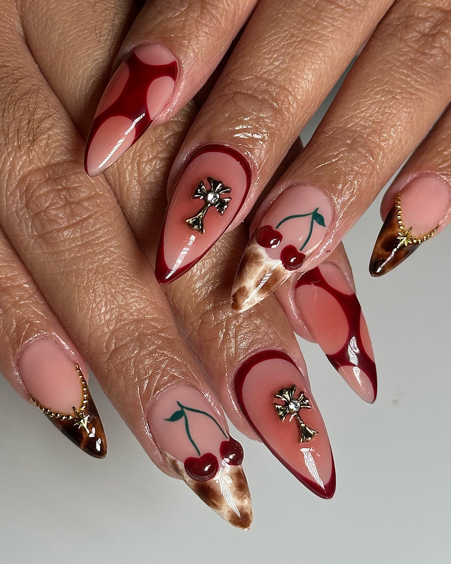 Handmade Red Cherry Gold Accent Swirl Nail Art Press on Nails D94