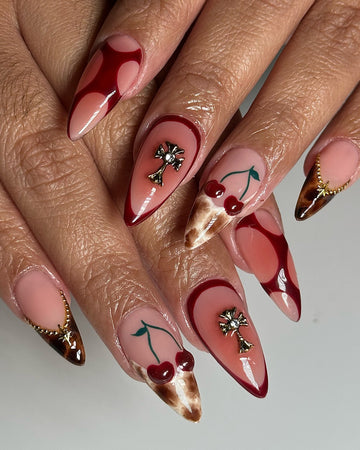 Handmade Red Cherry Gold Accent Swirl Nail Art Press on Nails D94