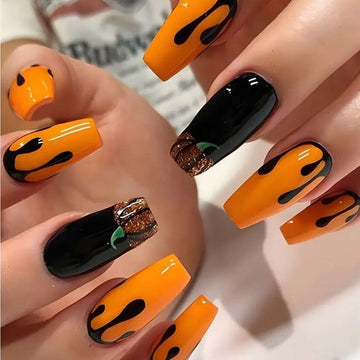 Handpainted Glitter Pumpkin Halloween Press on Nails - Orange & Black Fingernails