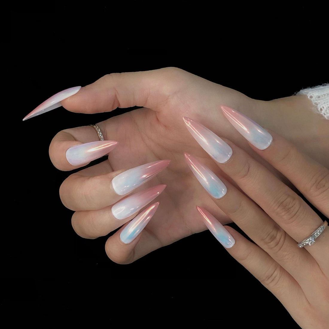 Handmade Ombre Chrome Press On Nails - White & Pink Gradient Design.