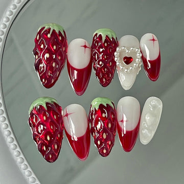 Handmade Vibrant Strawberry Red White Pearl Heart Accent Press on Nails W91