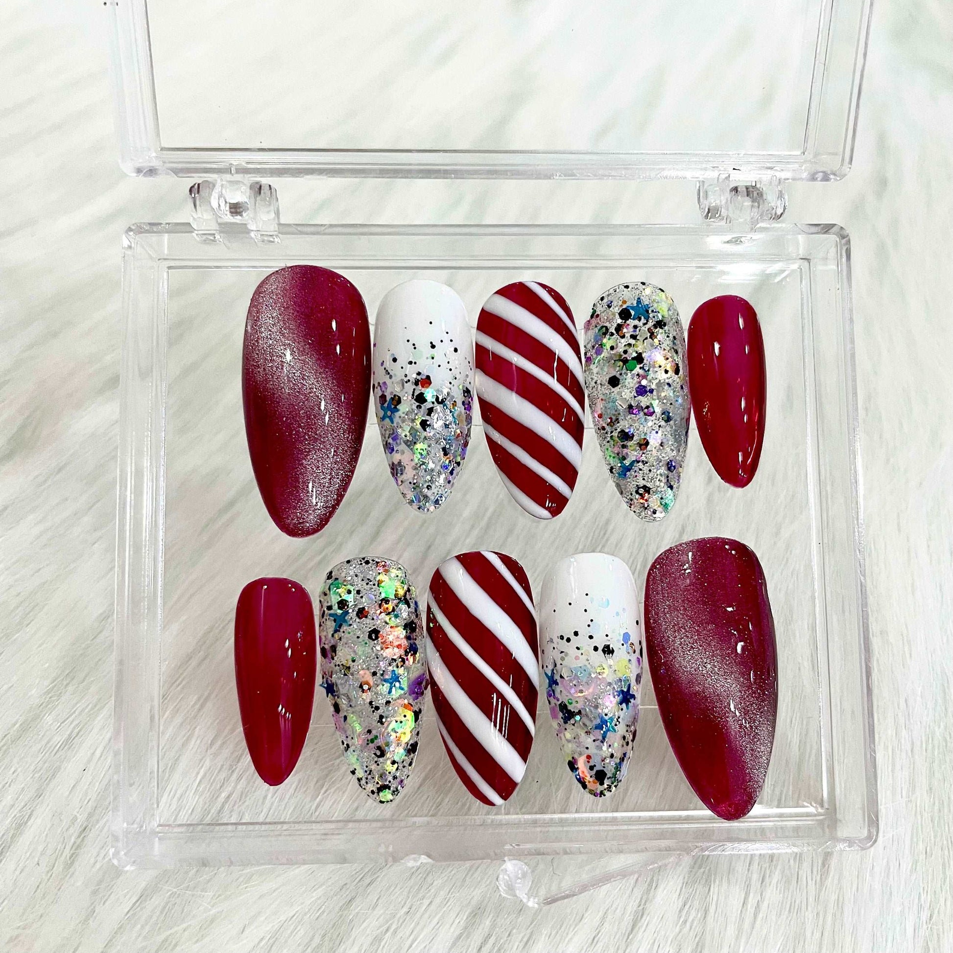 Handmade Christmas Press On Nails - Candy Cane Magic Cat Eye Design.