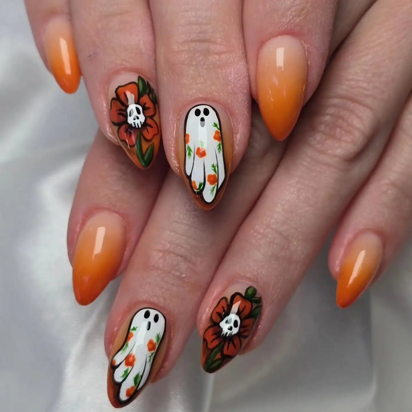 Handmade Fall Autumn Ombre Ghost Skull Orange Halloween Press on Nails M52