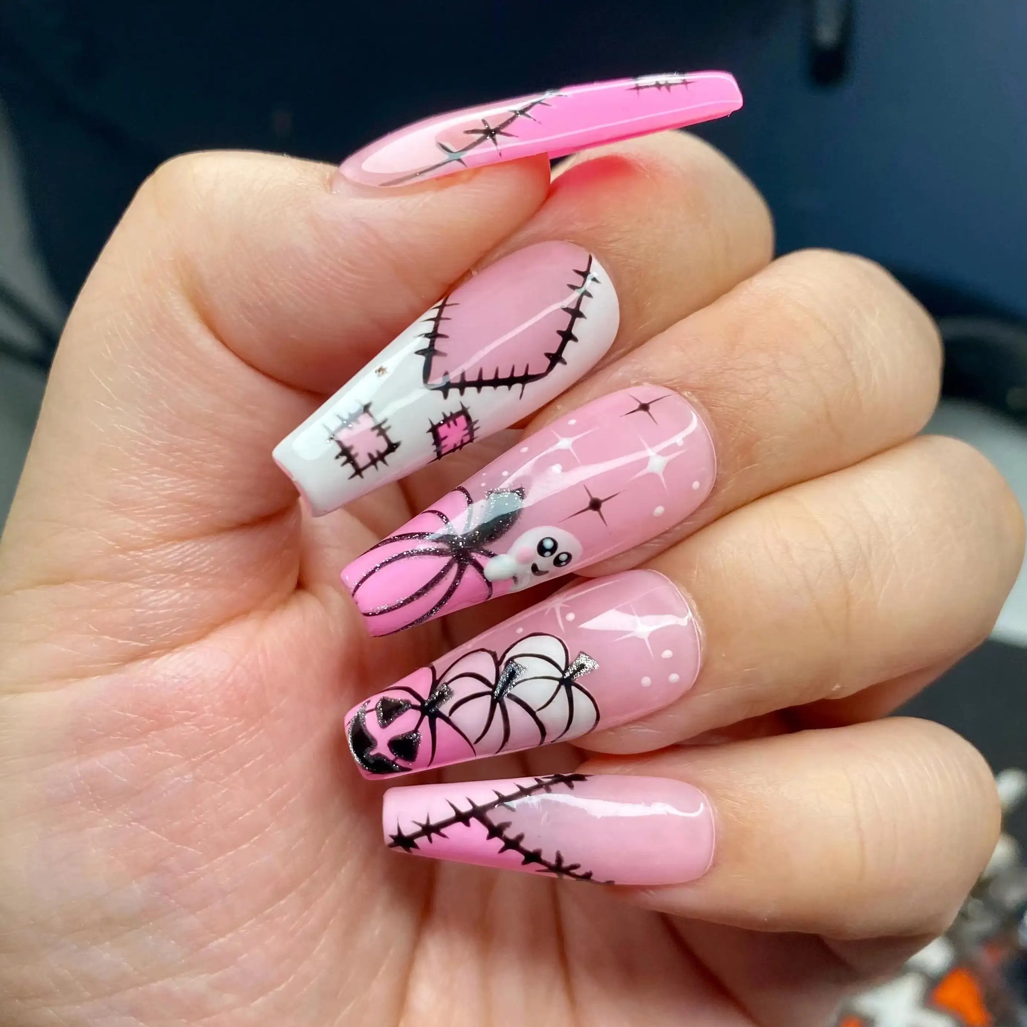 Handmade Pink Halloween Cute Pumpkin Ghost Press on Nails A59