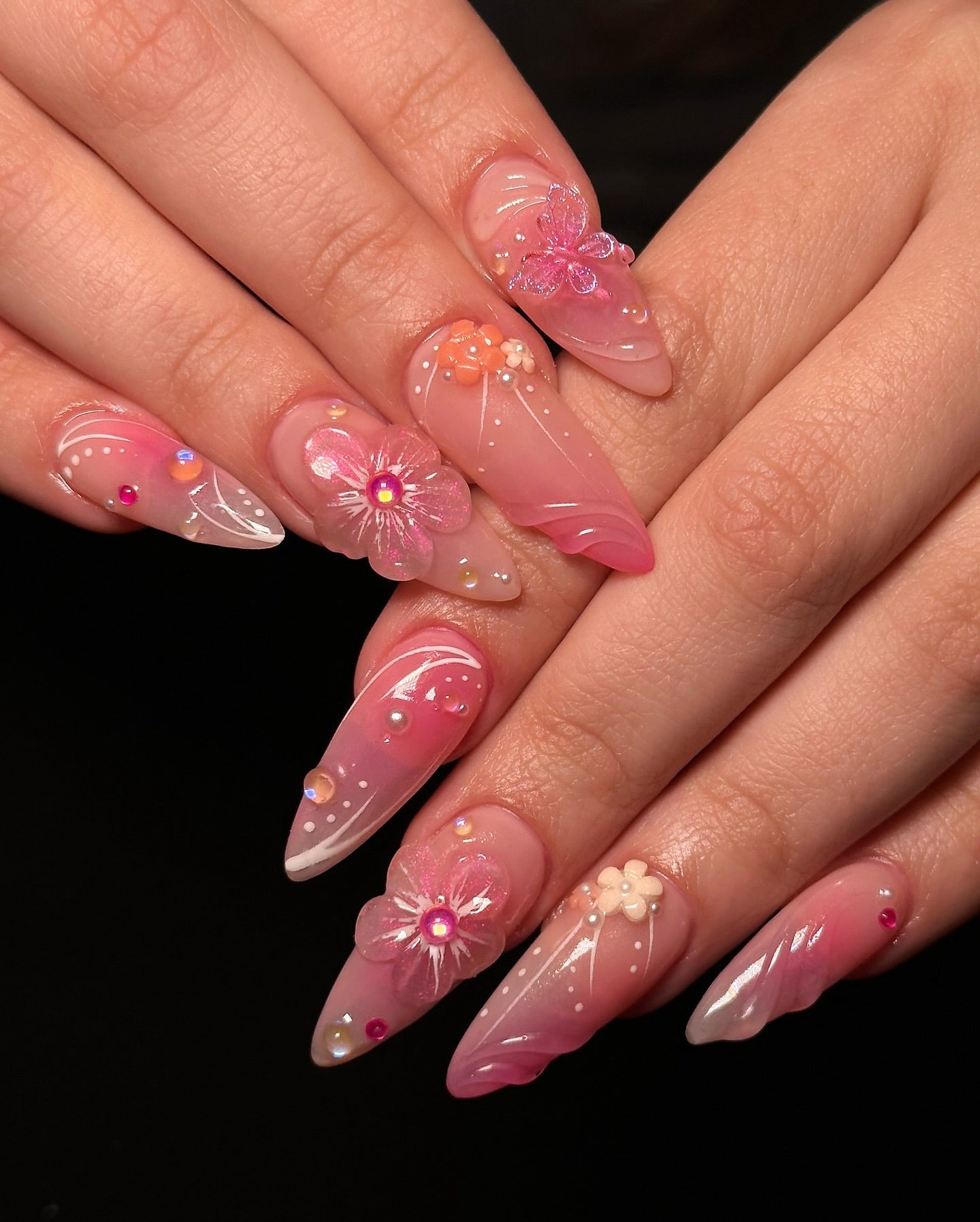 Handmade 3D Pink Fairy Garden Nails – Butterfly, Flower & Pearl Press-On Set E58