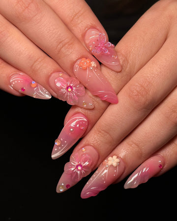 Handmade 3D Pink Fairy Garden Nails – Butterfly, Flower & Pearl Press-On Set E58