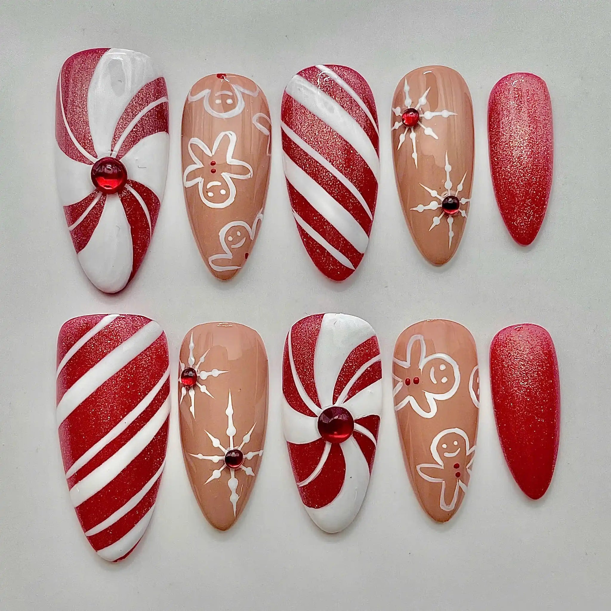 Handmade Christmas Gingerbread Press On Nails - Red Candy Cane Glitter Fingernails