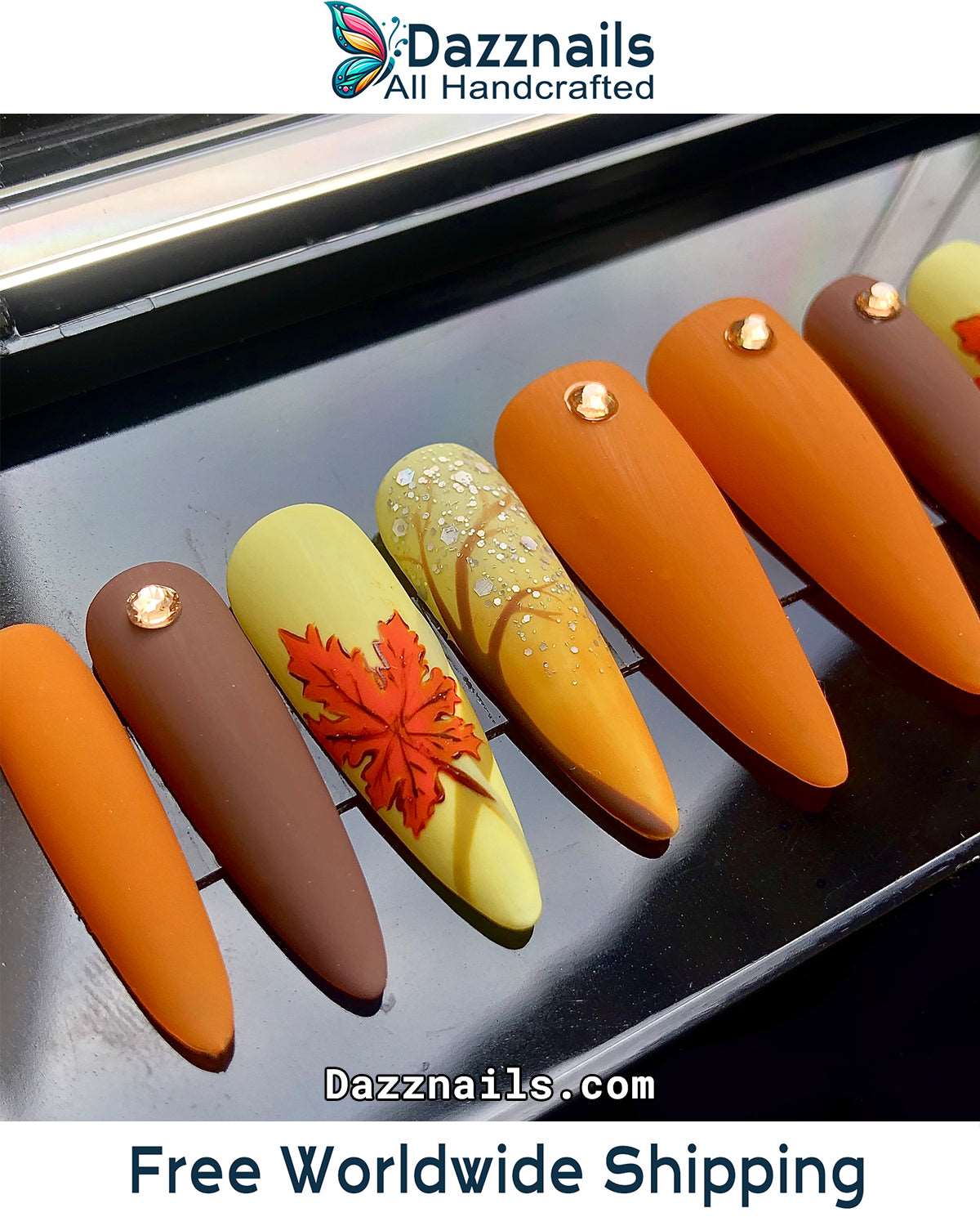 Handmade Autumn Press On Nails - Maple Leaf in Fall Orange Design.