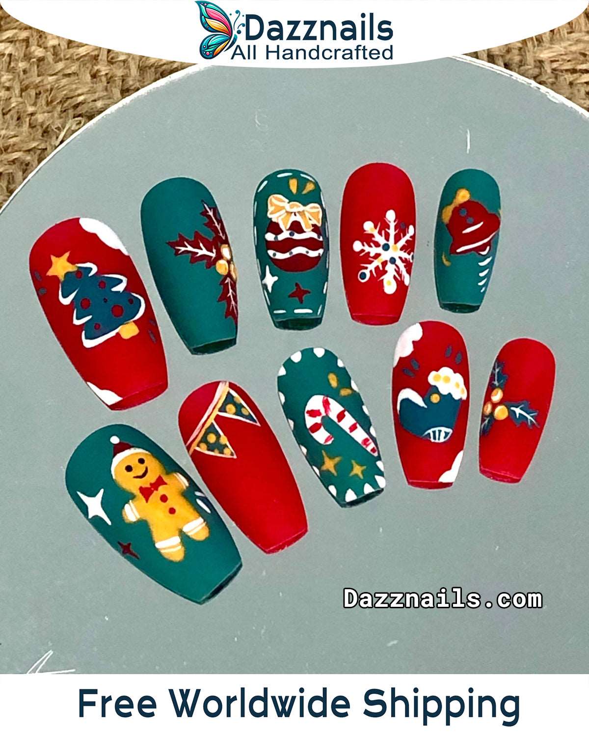 Handmade Christmas Press On Nails - Candy Cane GingerMan Red & Green Design.