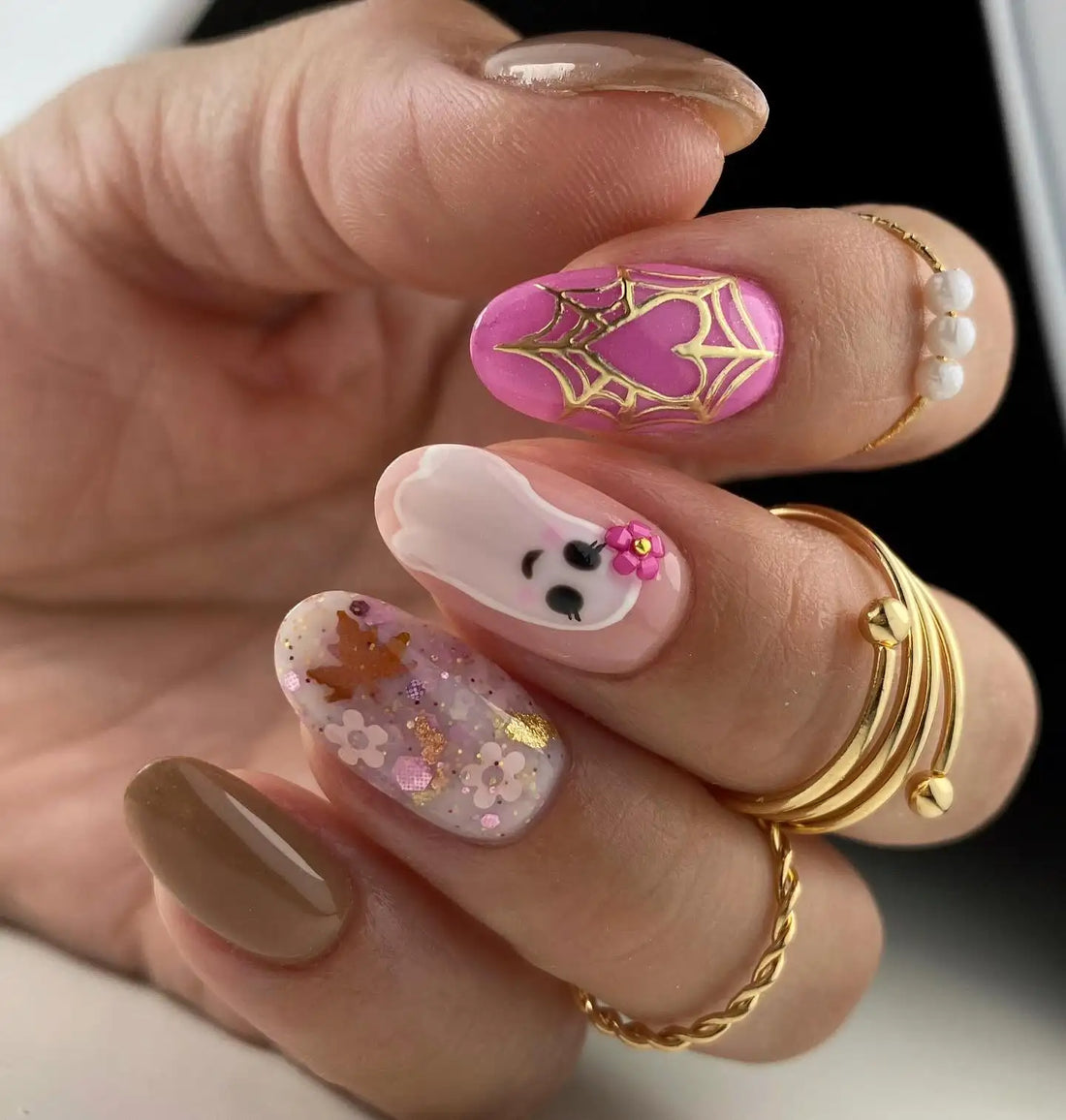 Handmade Cute Ghost Spiderweb Pink Brown Fall Press on Nails Q18