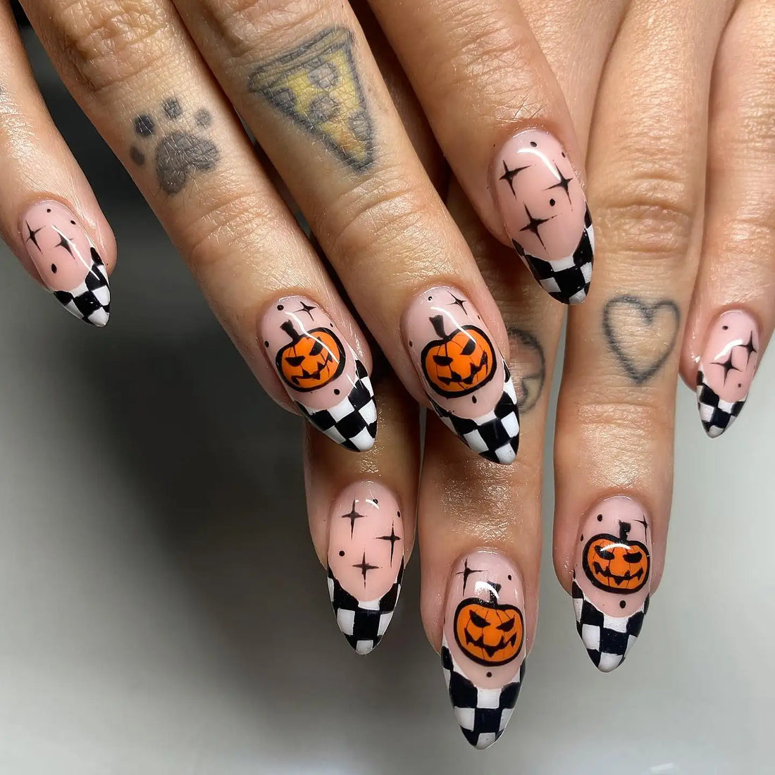 Handmade Spooky Pumpkin Checkerboard Black White Halloween Press on Nails M48