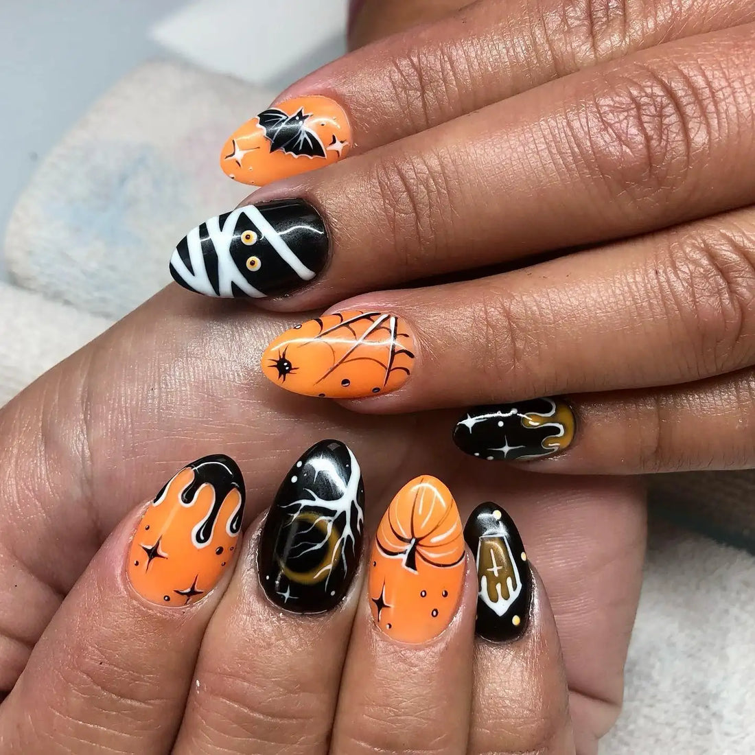 Handmade Spooky Mummy Bat Pumpkin Orange Black Halloween Press on Nails F22