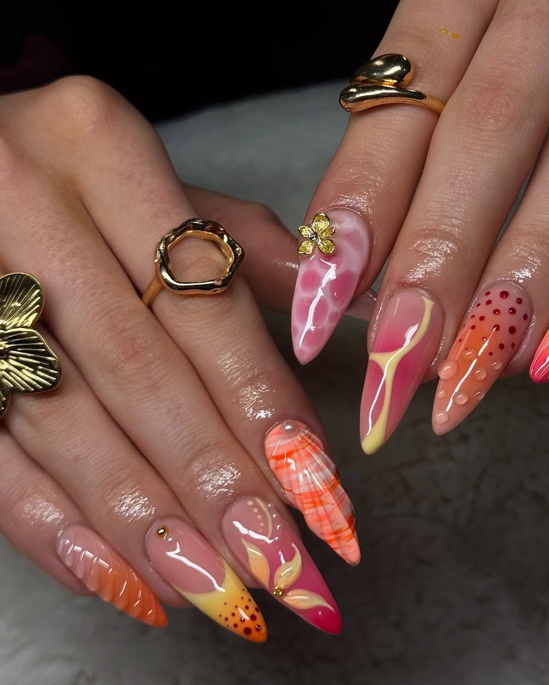 Handmade Vibrant Orange Floral Shell Nail Art Press on Nails N45