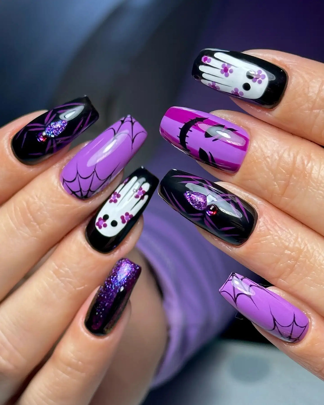 Handmade Spooky Ghost Spiderweb Purple Glitter Halloween Press on Nails P20