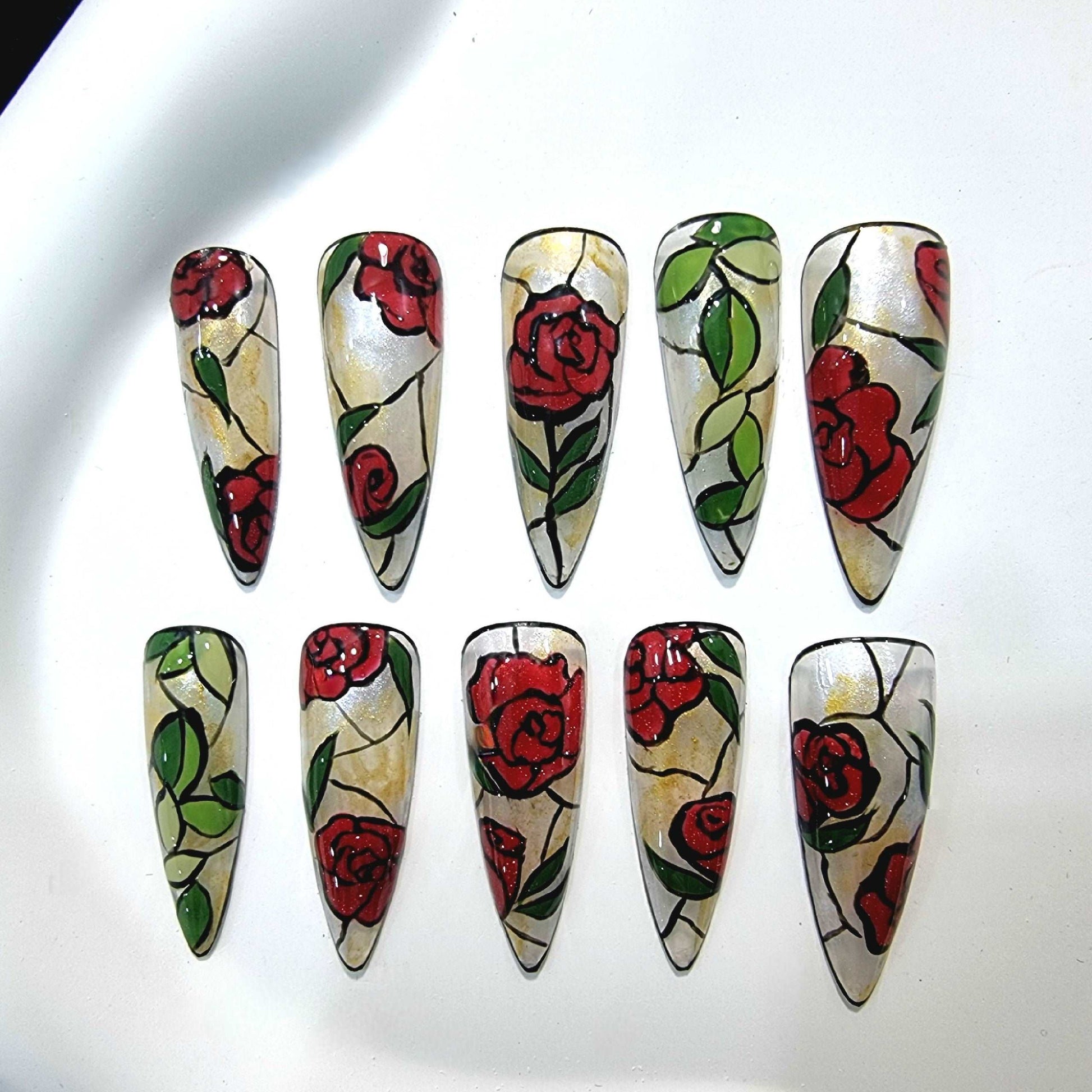 Handmade Flower Rose Press on Nails - Red Spring Elegant Design.