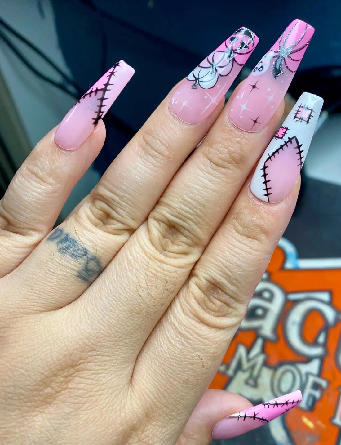 Handmade Pink Halloween Cute Pumpkin Ghost Press on Nails A59